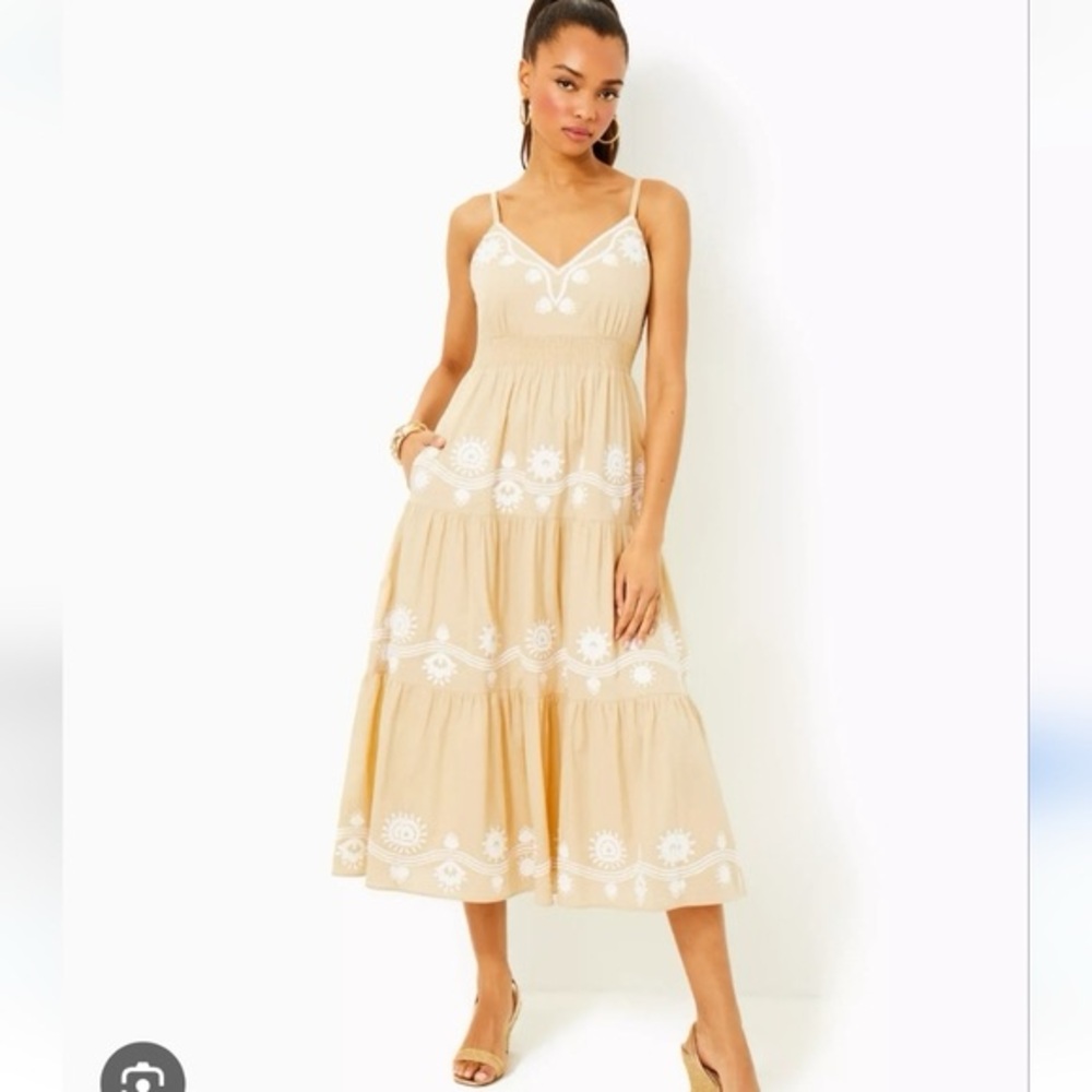 Lilly Pulitzer Avri Embroidered Cotton Midi Dress Sand Bar Size 12 NWT